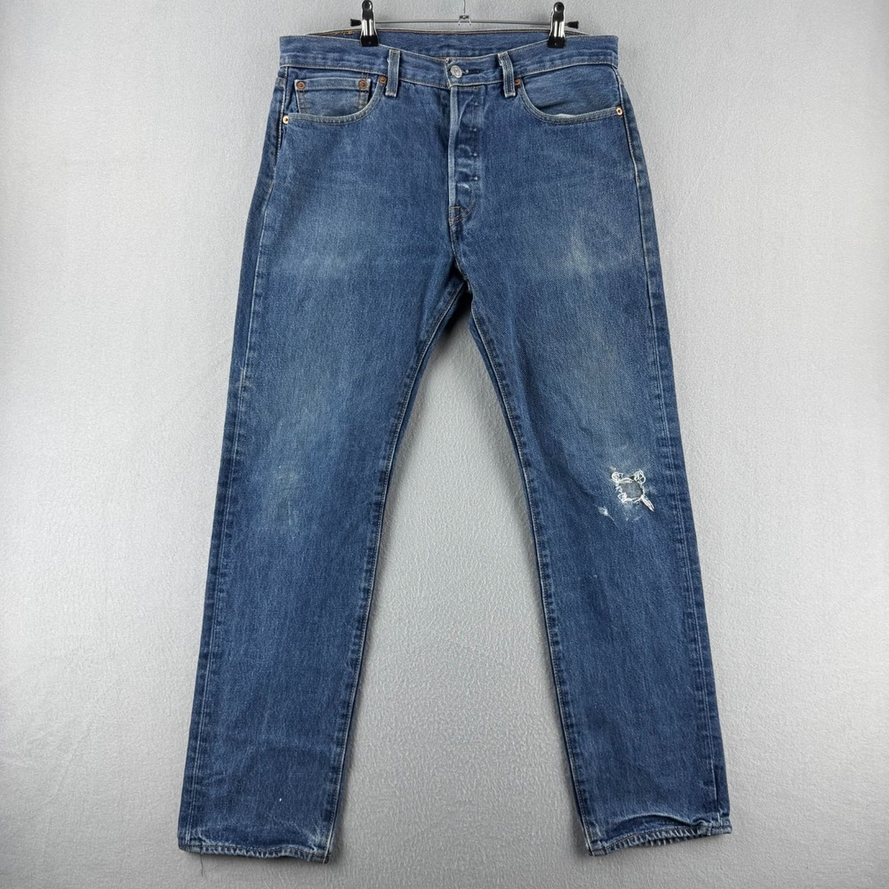 Levis Jeans Mens Fits 34x31 Blue 501 Straight Leg Button Fly Faded Distressed